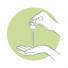 Piktograma, vaizduojanti odos serumo lašelius, įlašinamus į ranką, kurie yra švarios odos procedūros dalis.
